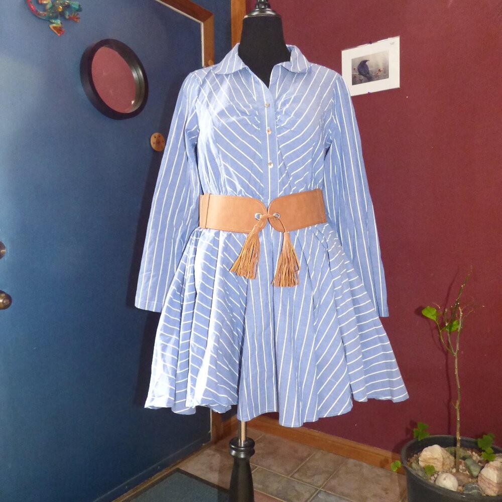 GOTH BOHO COWGIRL BLUE WHITE STRIPED BELTED VERY FULL SKATER MINI SKIRT DRESS XL